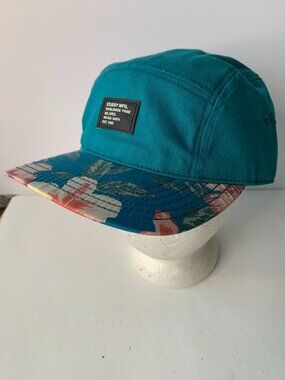 VINTAGE STUSSY FLORAL CAMP CAP 5 PANEL HAT TEAL CROWN PATTERNED BRIM